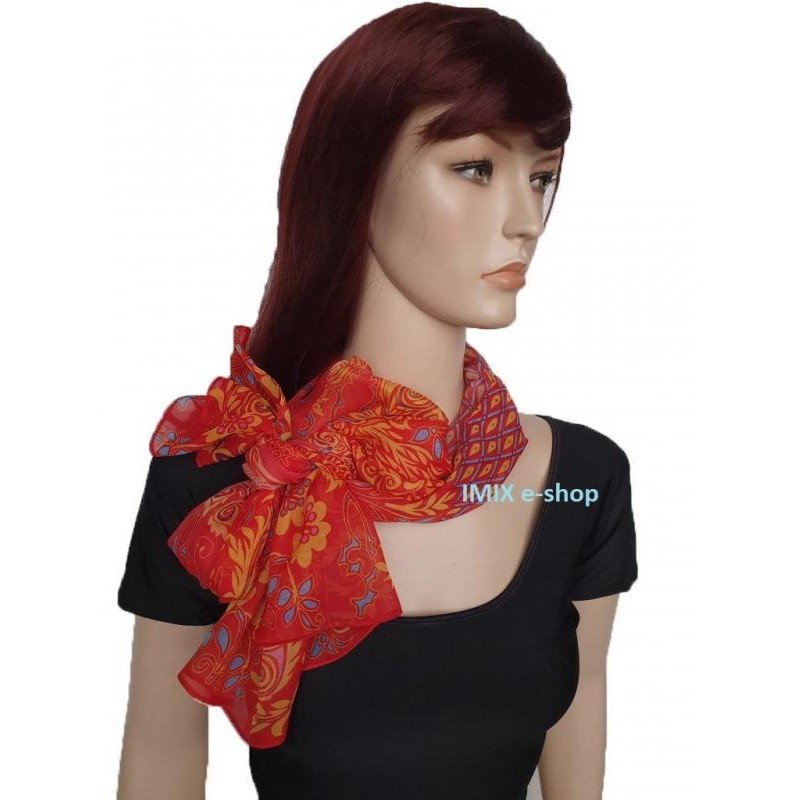 Šátek lehký šifónový s orientálními vzory s květy a pávy - červený