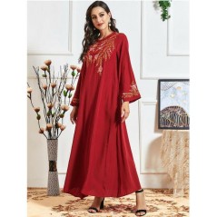 Orientální dlouhé červené Abaya šaty s výšivkou