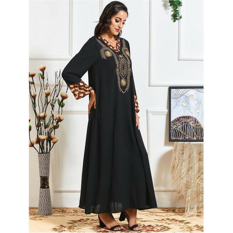 Orientální dlouhé černé Abaya šaty s výšivkou