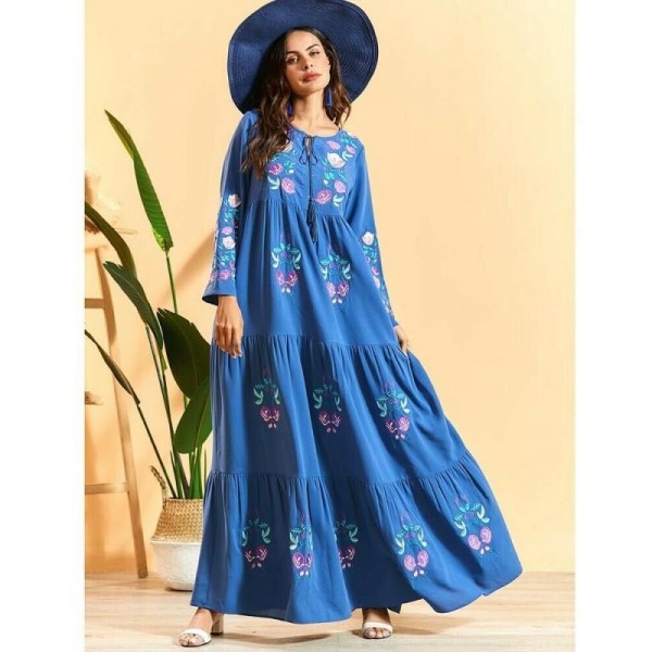 Dámské orientální dlouhé šaty Abaya s výšivkou světle modré