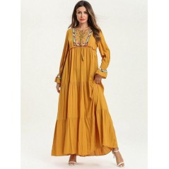Dámské dlouhé žluté Abaya šaty s výšivkou
