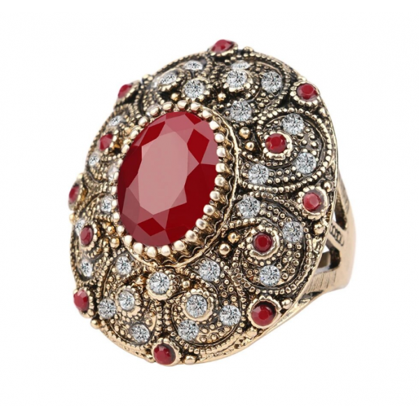 Ozdobný orientální prsten Asira Maxi s červeným kamenem a zirkony