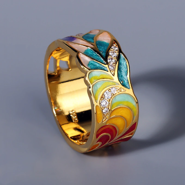 Luxusní zlatý mohutný prsten s malovanými květy a zirkony