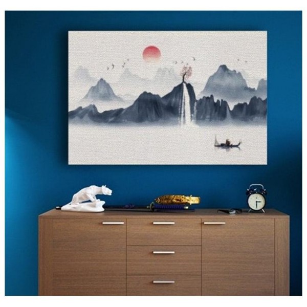 Feng Shui obraz na dřevěném rámu Impresionismus hory a jezero pro klid a hojnost