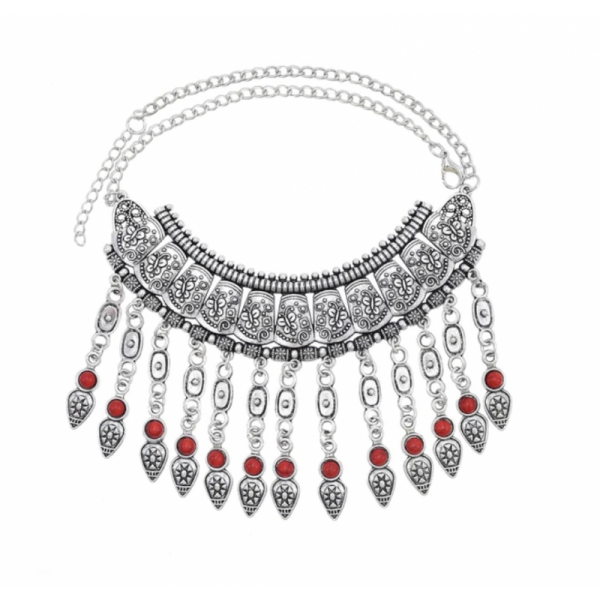 Dámský stylový široký Vintage náhrdelník s červenými korálky